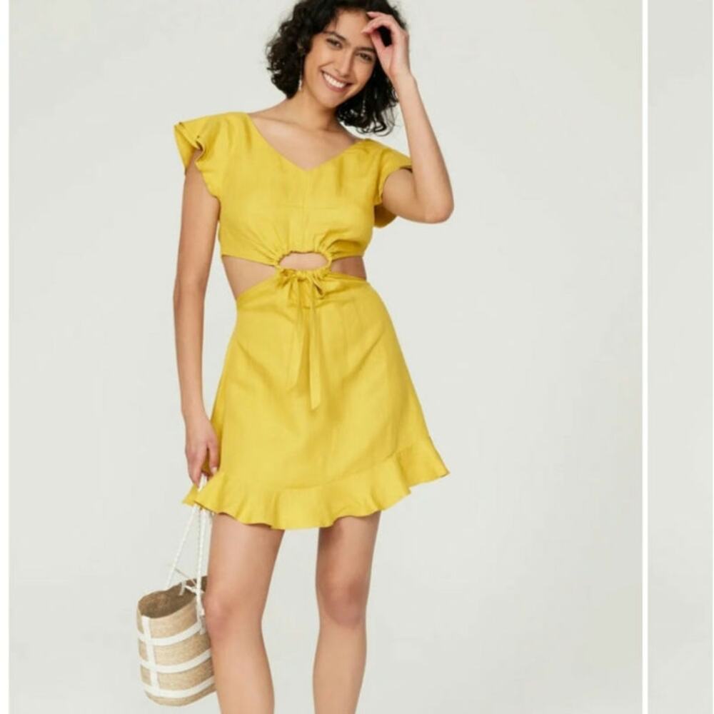 Marissa Webb Collective Linen Dress Size 6 Mini Yellow Ruffle Flutter Sleeve Tie
